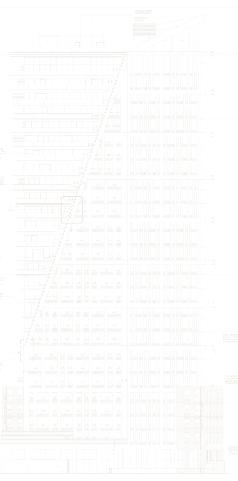 Architectural elevation drawing of a high-rise building